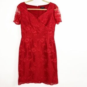 Tahari ASL Red Lace Scalloped Neckline Short Sleeve Lined Sheath Midi Dress